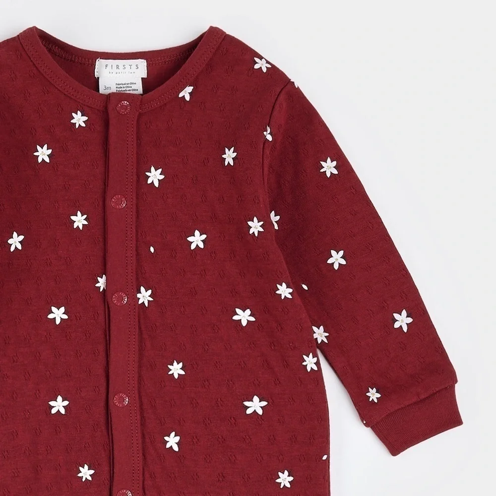 NWT Firsts by Petit Lem Newborn Baby Poinsettia Print Burgundy Pointelle Sleeper